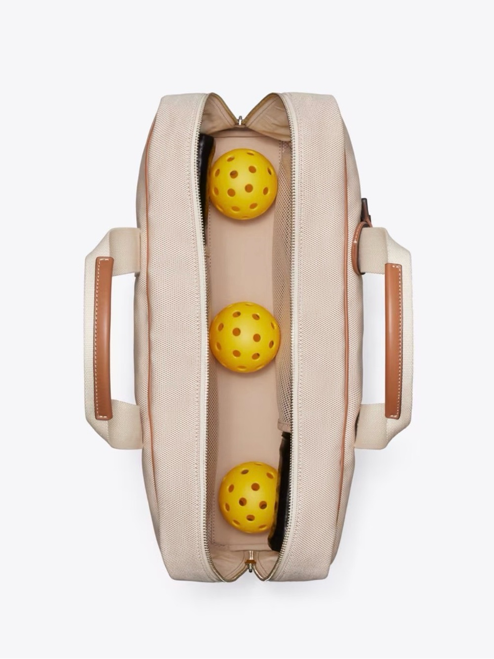 Tory Burch Canvas Pickleball Duffel in Cream with Tan Trim and Logo Charm - Picture 3 of 6